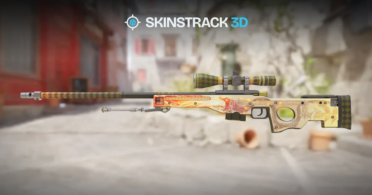 AWP | Dragon Lore inspected in 3D on the Skinstrack 3D skin viewer, lit by a CS2 map