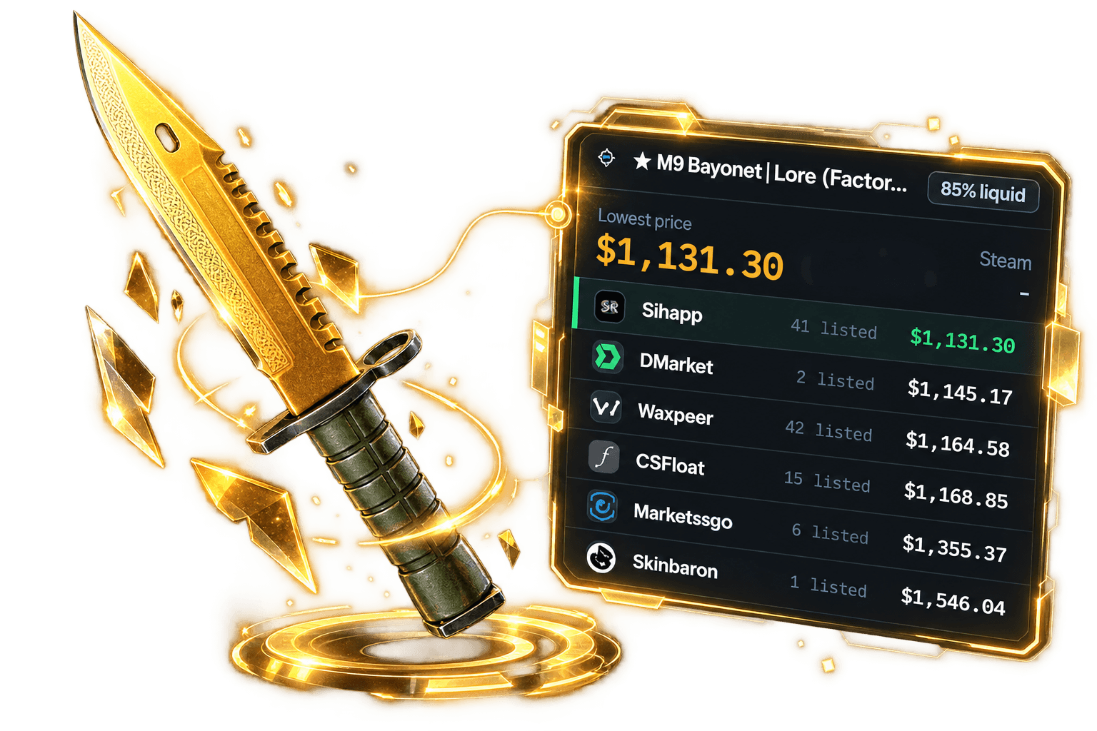 Skinstrack extension card showing the lowest price for an M9 Bayonet across DMarket, Waxpeer, CSFloat, Market CSGO and SkinBaron